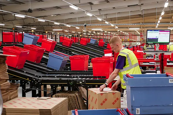 Tote bin fed order packing function with packed cartons moved away on an inclined belt conveyor Tote bin fed order packing function with packed cartons moved away on an inclined belt conveyor